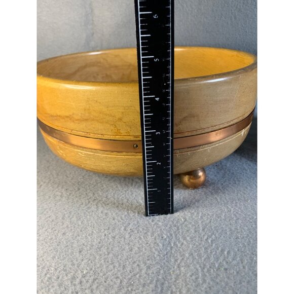 Vintage Wooden Salad Bowl Set with Copper Trim 4 Piece Mid Century Modern Footed - Picture 10 of 13